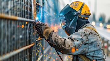 A worker uses a welding torch to secure panels together creating a seamless line of sound barriers along the highway photo