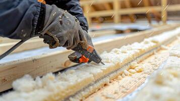 A closeup of a worker using a staple gun to secure the thermal insulation in place ensuring a proper seal photo