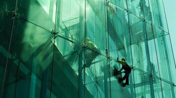 A group of workers meticulously assembling the intricate glass facade of the hotel reflecting the sophistication and modernity of the design photo