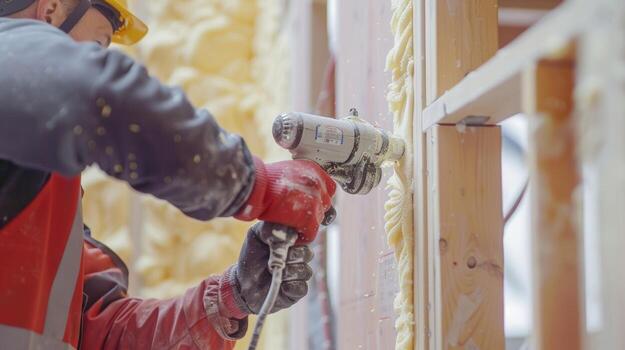 A worker using a specialized machine to fill the gaps between wall panels with expanding foam insulation photo