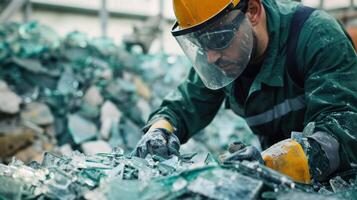 un trabajador vistiendo protector guantes y gafas de protección clasificación mediante un pila de roto vaso fragmentos para reciclaje foto