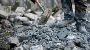 A worker using a shovel to separate and remove debris from a pile of concrete ensuring only clean material is sent for recycling photo