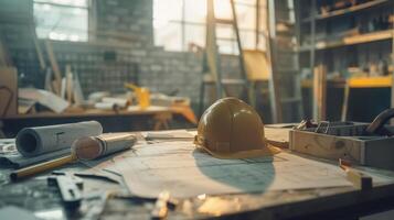 In a chaotic construction environment blueprints provide a sense of order as they lay flat on a work table photo