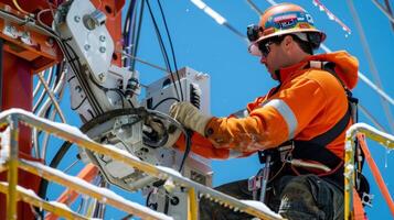 Electricians and technicians work together to install the wiring and electronics that will power the cranes movements and functions photo