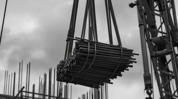 A crane carefully lifting a bundle of rebar rods to be p in the framework photo