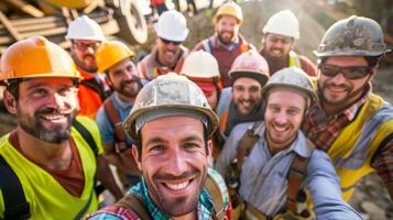 In a playful mood a group of construction workers line up for a goofy group selfie their hardhats and safety gear creating a unique backdrop photo