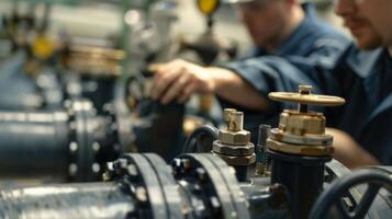 A group of engineers testing and calibrating large pipes and valves that will eventually connect to the main industrial water system photo