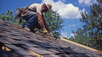 A worker hammering in shingles onto a completed section of a prefabricated roof photo