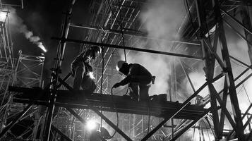 Against a backdrop of welding equipment and safety gear a group of welders work diligently to assemble a massive metal structure photo