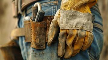 A pair of wellworn work gloves dangling from a tool belt while not in use photo