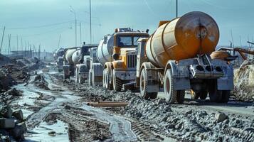 A line of cement mixers form a makeshift assembly line providing a steady stream of concrete for the schools foundation photo