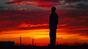As the day comes to an end the silhouette of a construction worker stands out against the intense colors of the setting sun a symbol of perseverance photo