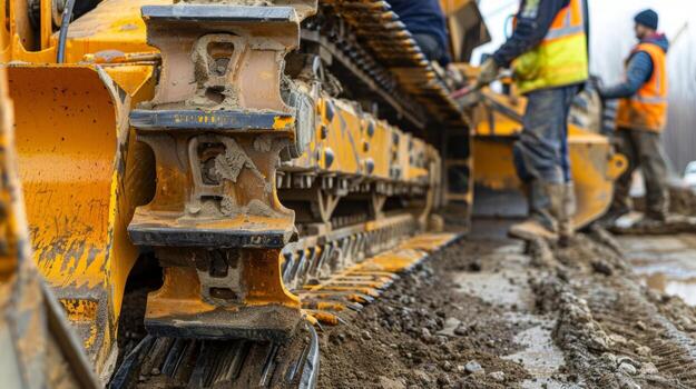 A team of workers replacing worn blades on a road grader improving its ability to level and smooth the ground for construction projects photo