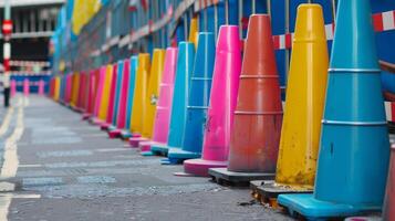 A range of pastelcolored barriers and cones decorate the edges of the construction site creating a cheerful and welcoming atmosphere photo