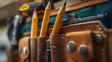 A set of pencils and a level clipped onto a tool belts loops for quick access photo