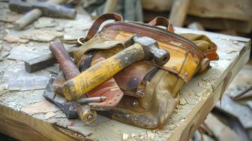 A sharp chisel and a sy hammer attached to a tool belt waiting to be used photo