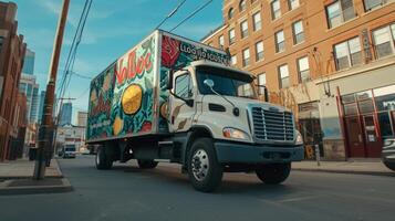 A zoomedin shot of a transportation truck adorned with a banner that reads Locally Made Locally Delivered representing the benefits of reshoring for reducing transportatio photo