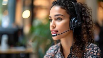 A customer service representative wearing a wireless headset speaking with a customer on the other end of the line. The caption highlights how businesses are using technolog photo