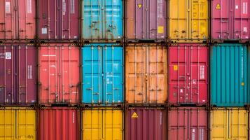 A closeup of a large stack of shipping containers labelled with their individual carbon footprint scores showing the companys commitment to sustainable transportation practices photo