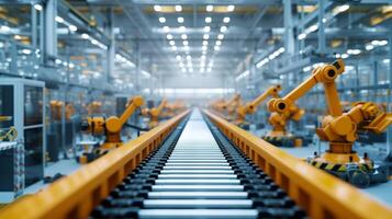 A closeup image of a factory floor reveals rows of workers diligently embling components for an upcoming augmented reality product launch. Long conveyor belts move the part photo