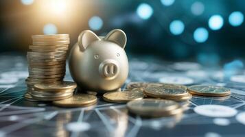 A stack of coins and a piggy bank icon next to a users profile picture alluding to the new monetization model of earning and saving virtual currency for different interaction photo