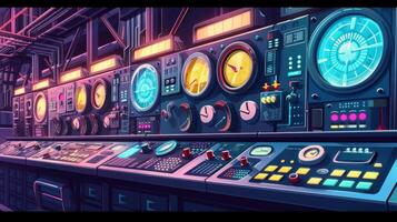 A focused shot of a large hightech control panel with an array of ons and dials representing the advanced remote monitoring capabilities of the factory photo