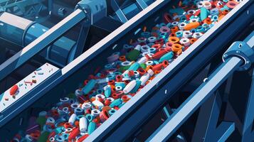 A closeup of a conveyor belt sorting and recycling various materials illustrating the microfactorys dedication to a circular economy photo