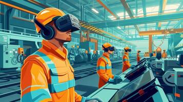 A group of factory workers wearing virtual reality headsets while working on assembly lines highlighting the integration of digital technology in training and process optimization photo