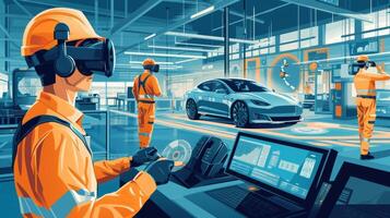 Workers wearing virtual reality headsets and operating simulation software testing and optimizing autonomous vehicle operations in a controlled environment photo