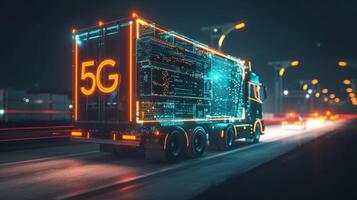 Closeup of a driverless electric truck carrying a load of materials with a glowing 5G icon denoting the constant flow of realtime data between the vehicle and its contro photo