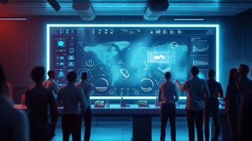 A focused shot of a group of workers gathered around a large screen eagerly participating in a virtual training session on the latest manufacturing techniques photo