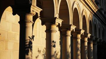 The shadows of arches and columns cast against a buildings exterior create a captivating silhouette photo