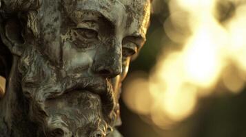 A weathered statue of a historical figure its features brought to life by the gentle backlight photo
