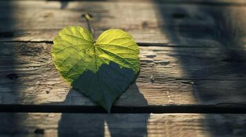 A single leaf with its shadow forming a delicate heart shape on a wooden surface representing the beauty of nature photo