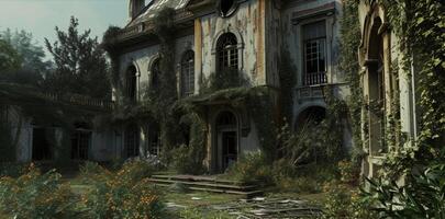 Background A dilapidated mansion with overgrown gardens and broken windows photo