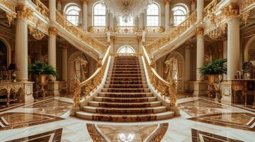 Background The grand staircase of a palace adorned with grandeur and opulence serves as a breathtaking backdrop for this modern royal attire photo