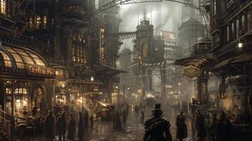 Background The busy streets of a steampunk city filled with skysers powered by steam and bustling with workers clad in similar fashion photo