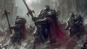 A group of fierce warriors clad in armor made from steel plates and gears defend their kingdom from enemy forces with their steampowered weapons photo