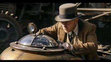 A daring detective dressed in a tweed suit and a bowler hat with a magnifying gl as a pocket watch chain solves cases with his trusty steampowered hovercraft photo