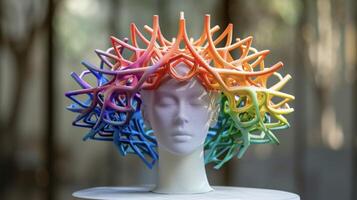An avantgarde headpiece made from multicolored interlocking 3D printed structures resembling a futuristic crown photo