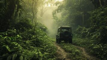 Background A jeep safari through a dense jungle with lush greenery and exotic animals in sight photo