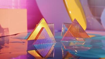 Bold geometric earrings with a holographic finish inspired by the abstract shapes found in 3D modeling photo