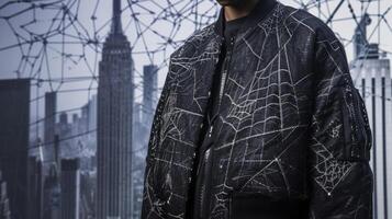 A structured jacket featuring a multidimensional mesh overlay inspired by the intricate web of a spider against a backdrop of a futuristic city skyline photo