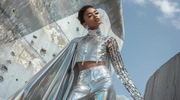 A metallic silver jumpsuit with outs and a shimmering cape accented with chunky silver jewelry and spaceinspired makeup for a bold and futuristic look photo