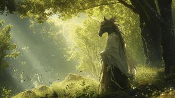 A mythical centaur in a flowing tunic and a sleek horse head mask representing the fusion of human and animal. In the background a lush green forest with sunbeams shinin photo