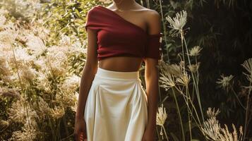 A simple white midi skirt paired with a fitted crop top in a luxurious shade of burgundy creating a minimalistic and elegant look for a summer garden party photo