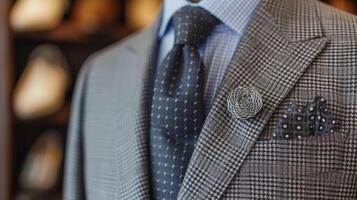 This suit combines a traditional houndstooth fabric with a 3D printed lapel pin for a modern and sophisticated touch photo