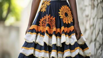 Catch eyes in this statement skirt featuring a blend of handembroidered traditional fabric and 3D printed accents photo