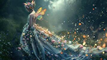 A fairy princess adorned in a flowing gown made of delicate pastel flowers with a whimsical flower crown on her head. Her mask is made of intricate butterfly wings addin photo