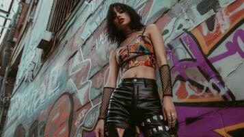 A mesh top with geometric outs and a bold abstract print worn over a sleek black bralette and leather pants and finished off with chunky boots. This experimental look is perfec photo